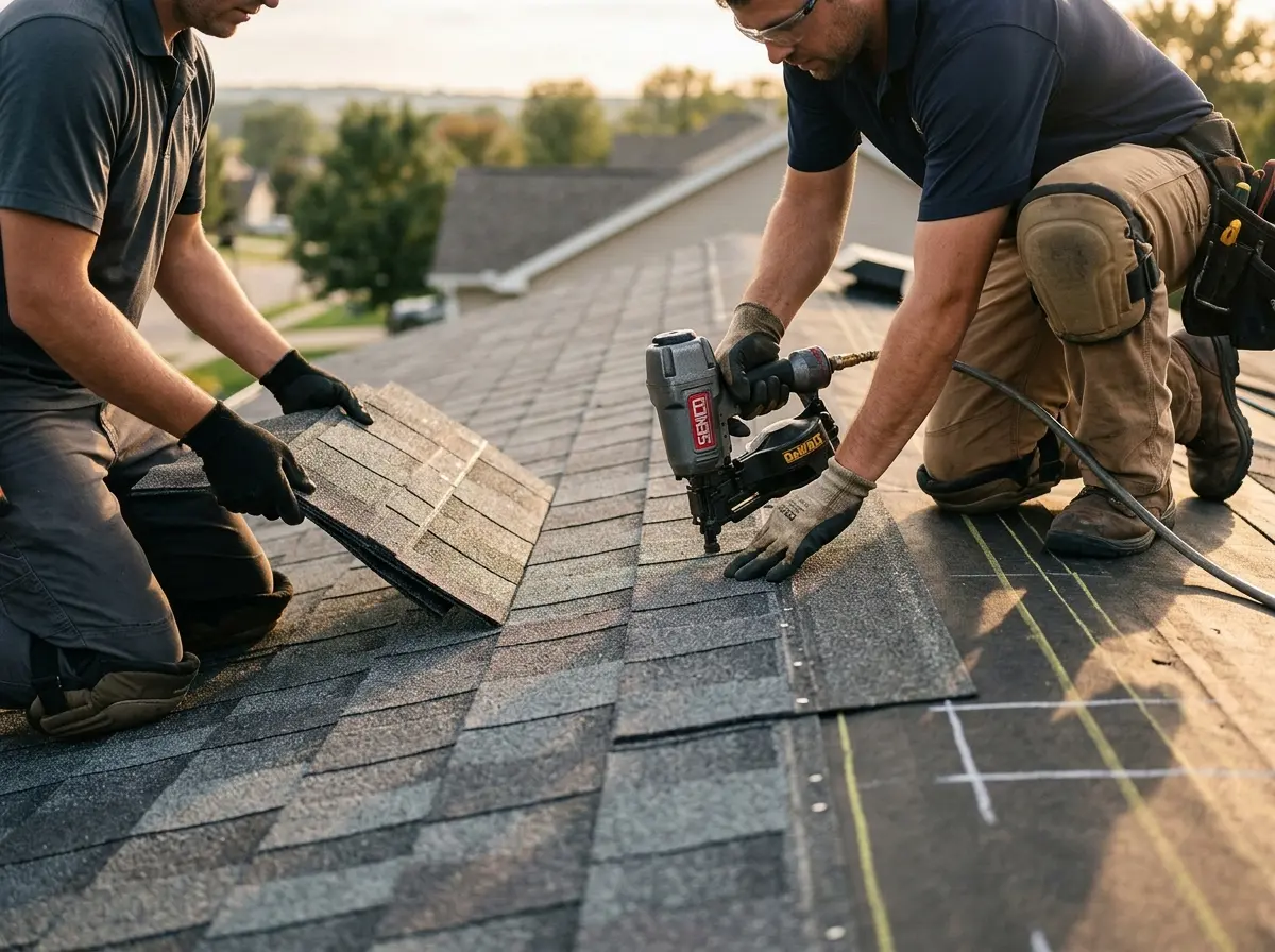 Professional roofer working on a residential roof in Westlake Village